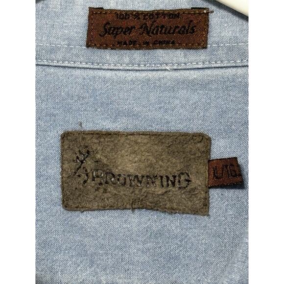 Vintage Browning Denim Button Up Shirt Mens XL Duck Logo Light Blue Hunting - Picture 3 of 7